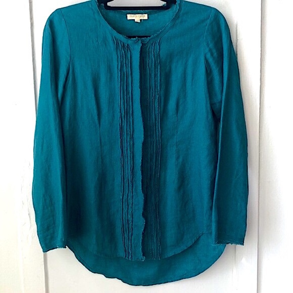 Eileen Fisher Irish Linen Teal Button Down Blouse Raw Hem Front Vertical Detail